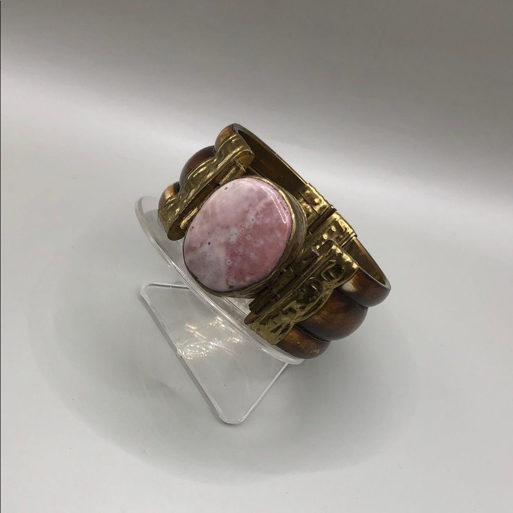 Pink stone lacquered bone boho statement bracelet rustic distressed India